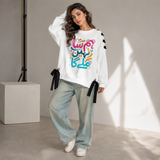 Over Sized Beggy Ribbon Eyelet Sweat Shirt for Women