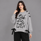Over Sized Beggy Ribbon Eyelet Sweat Shirt for Women