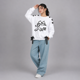 Over Sized Beggy Ribbon Eyelet Sweat Shirt for Women
