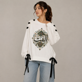 Over Sized Beggy Ribbon Eyelet Sweat Shirt for Women