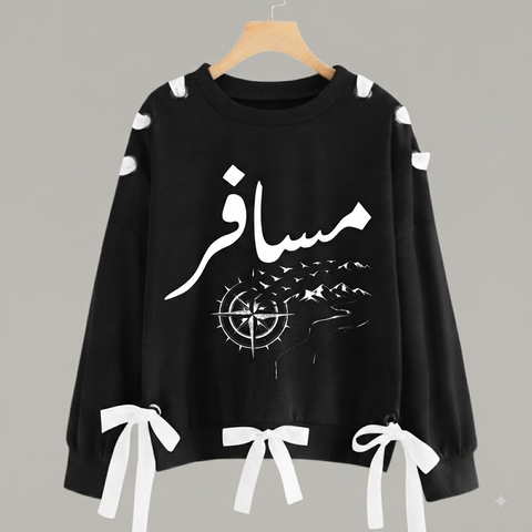 Over Sized Beggy Ribbon Eyelet Sweat Shirt for Women