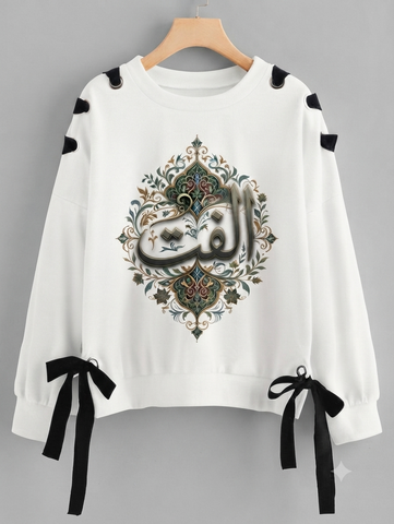 Over Sized Beggy Ribbon Eyelet Sweat Shirt for Women