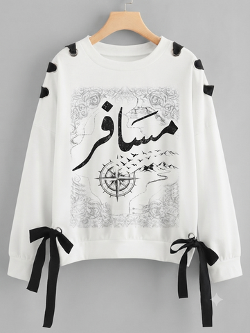 Over Sized Beggy Ribbon Eyelet Sweat Shirt for Women