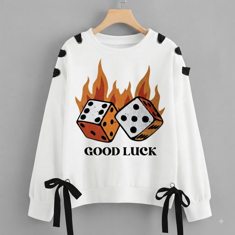 Over Sized Beggy Ribbon Eyelet Sweat Shirt for Women