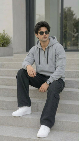Grey Half Zip Hoodie For Men