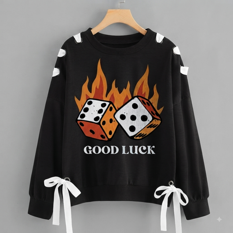 Over Sized Beggy Ribbon Eyelet Sweat Shirt for Women