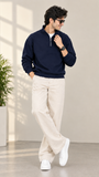 Navy Blue Mock Neck Quarter Zipper Sweat Shirts