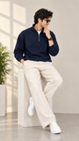 Navy Blue Mock Neck Quarter Zipper Sweat Shirts