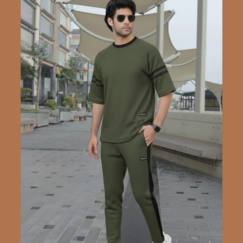 Contrast Panel Waffle Knit Co-ord Set for Men