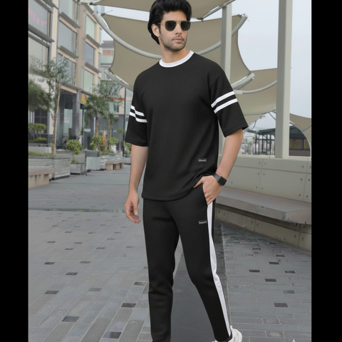 Contrast Panel Waffle Knit Co-ord Set for Men
