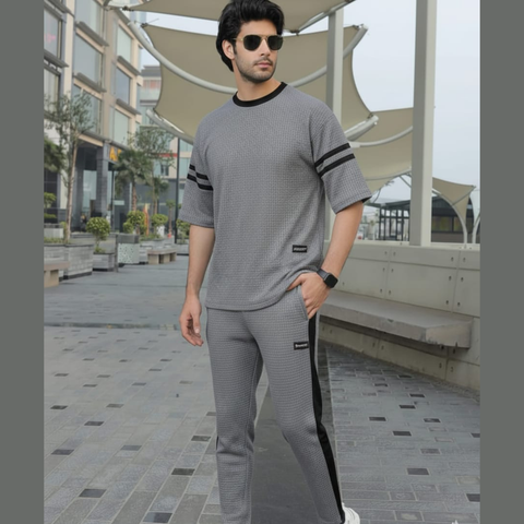 Contrast Panel Waffle Knit Co-ord Set for Men