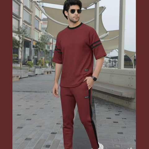 Contrast Panel Waffle Knit Co-ord Set for Men