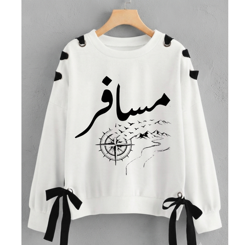 Over Sized Beggy Ribbon Eyelet Sweat Shirt for Women