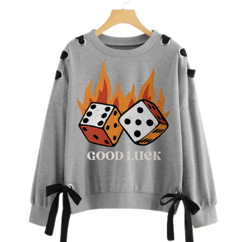 Over Sized Beggy Ribbon Eyelet Sweat Shirt for Women