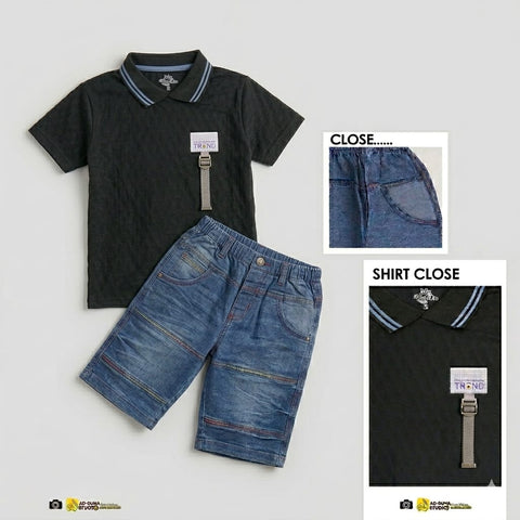 Embellished Polo Shirt with Denim Shorts for Kids