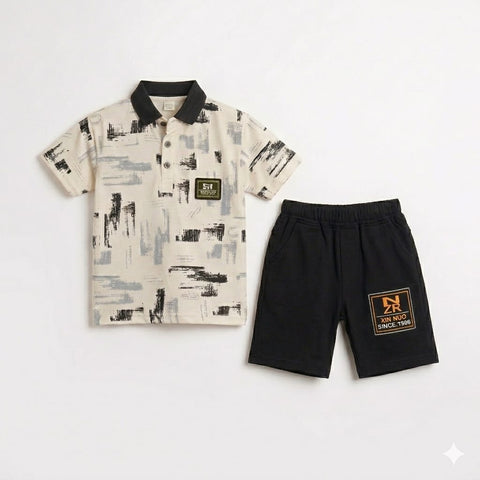 Graphic Patch Polo Shirt with Contrast Shorts for Kids