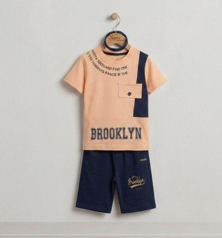 Panel Flap Round Neck Tshirt with Contrast Short for Kids