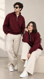 Maroon Mock Neck Quarter Zipper Sweat Shirts For Couples