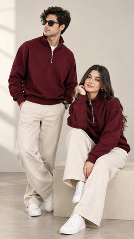 Maroon Mock Neck Quarter Zipper Sweat Shirts For Couples