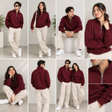 Maroon Mock Neck Quarter Zipper Sweat Shirts For Couples