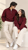 Maroon Mock Neck Quarter Zipper Sweat Shirts For Couples