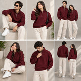 Maroon Mock Neck Quarter Zipper Sweat Shirts For Couples