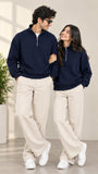 Navy Blue Mock Neck Quarter Zipper Sweat Shirts For Couples