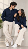 Navy Blue Mock Neck Quarter Zipper Sweat Shirts For Couples