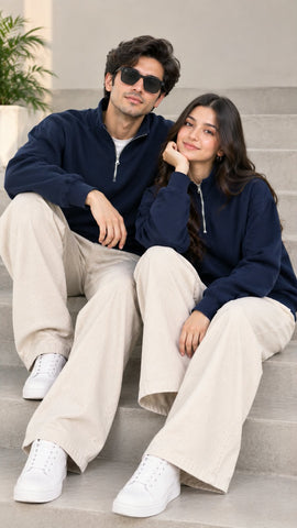 Navy Blue Mock Neck Quarter Zipper Sweat Shirts For Couples
