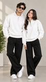 White Mock Neck Quarter Zipper Sweat Shirts For Couples