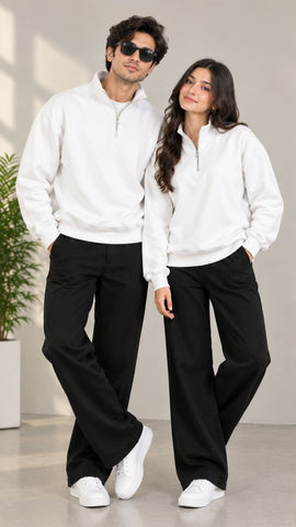 White Mock Neck Quarter Zipper Sweat Shirts For Couples