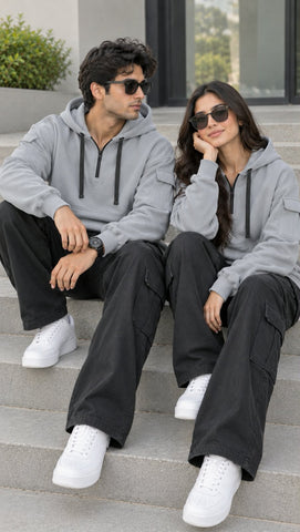 Half Zip Grey Hoodies For Couples