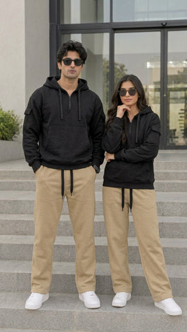 Half Zip Black Hoodies For Couples
