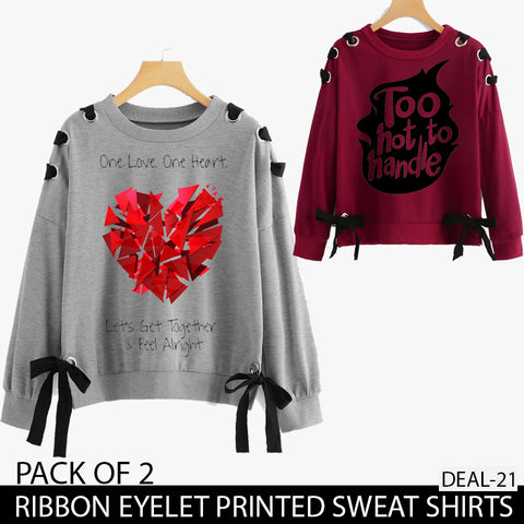 PACK OF 2 RIBBON EYELET PRINTED SWEAT SHIRTS ( DEAL 21 )